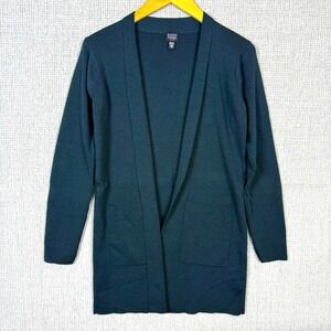 Eileen Fisher Sz PS Wool Cardigan Open Long Pockets Long‎ Sleeve Green Lagenlook